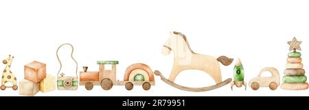 Nahtloser Rand von Kinderspielzeug aus Holz, Kinderspielzeug zum Beißen, Schaukelpferd, Pyramide, Zug, Auto, Rakete, Würfel und Giraffe auf Rädern. Aquarell Stockfoto