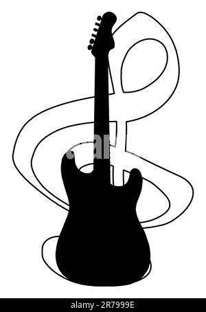 Ein musikalischer Höhlenspalt mit Gitarrensilhouette, isoliert auf weißem Hintergrund Stockfoto