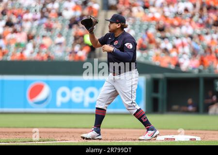 Cleveland Guardians erster Baseman Josh Naylor (22), der am 29. Mai 2023 gegen die Baltimore Orioles im Oriole Park in Camden Yards in Baltimore, MD, in Position war (Alyssa Howell/Image of Sport) Stockfoto
