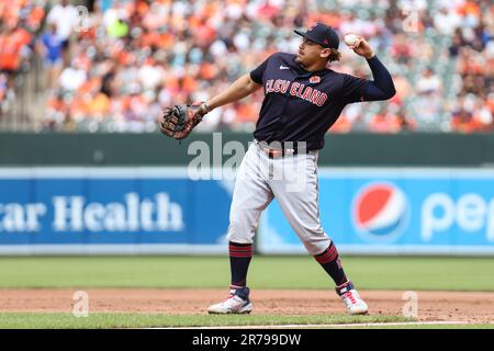 Cleveland Guardians erster Baseman Josh Naylor (22), der am 29. Mai 2023 gegen die Baltimore Orioles im Oriole Park in Camden Yards in Baltimore, MD, in Position war (Alyssa Howell/Image of Sport) Stockfoto