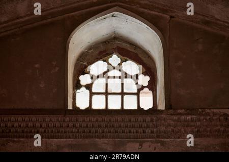Dekorierte Mauern der roten Festung Agra in Indien, wunderschöne Architekturelemente des antiken indischen Gebäudes, rote Festung in Agra aus rotem Sandstein und Whi Stockfoto