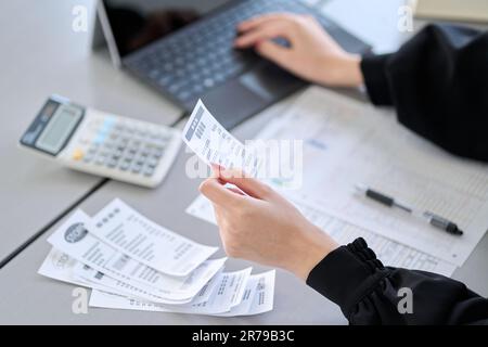 Asiatische Frau, die Spesen in Buchhaltungssoftware eingibt Stockfoto