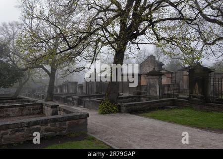 Das Greyfriars Kirkyard bei Nebel, historischer Friedhof in Edinburgh, Schottland. Bekannt als der gespenstischste Friedhof der Welt, Stockfoto