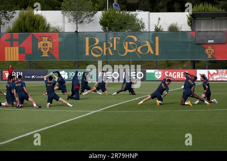 Oeiras, Portugal. 13. Juni 2023. Fußballspieler der portugiesischen Nationalmannschaft nehmen am 13. Juni während der Vorbereitungen der portugiesischen Nationalmannschaft für die Qualifikation für die UEFA Euro 2024 in Oeiras, am Stadtrand von Lissabon, Portugal, an einem Training Teil. 2023. Kredit: Pedro Fiuza/Xinhua/Alamy Live News Stockfoto