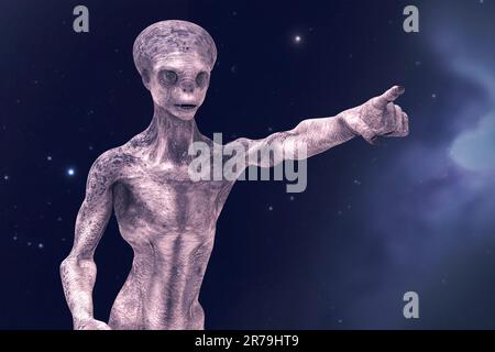 Humanoider Alien zeigt mit seinem Zeigefinger, Abbildung 3D Stockfoto