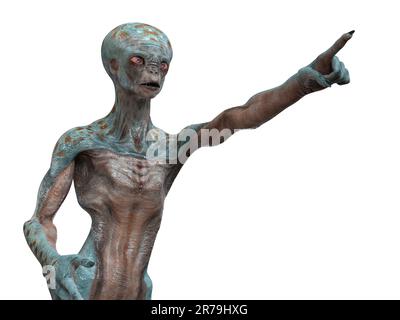 Humanoider Alien zeigt mit seinem Zeigefinger, Abbildung 3D Stockfoto