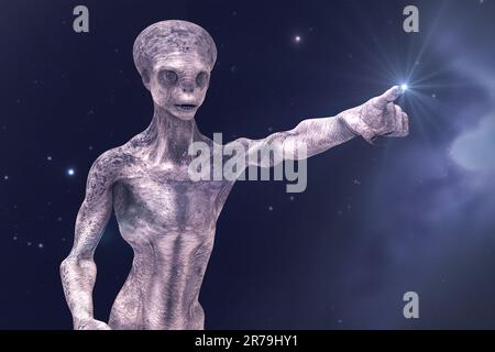 Humanoider Alien zeigt mit seinem Zeigefinger, Abbildung 3D Stockfoto