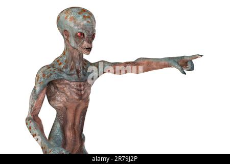 Humanoider Alien zeigt mit seinem Zeigefinger, Abbildung 3D Stockfoto