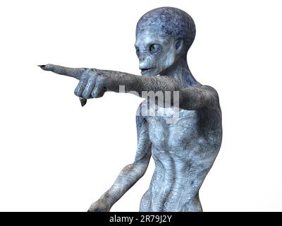 Humanoider Alien zeigt mit seinem Zeigefinger, Abbildung 3D Stockfoto