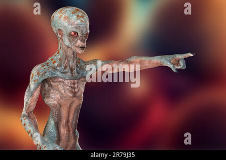 Humanoider Alien zeigt mit seinem Zeigefinger, Abbildung 3D Stockfoto