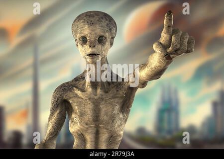 Humanoider Alien zeigt mit seinem Zeigefinger, Abbildung 3D Stockfoto