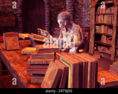 Ein humanoider Außerirdischer liest ein Buch in einem alten Haus mit mittelalterlichen Büchern und Flaschen mit Zaubertränken, 3D-Darstellung. Fantasie-Hintergrund Stockfoto