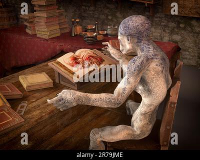 Ein humanoider Außerirdischer liest ein Buch in einem alten Haus mit mittelalterlichen Büchern und Flaschen mit Zaubertränken, 3D-Darstellung. Fantasie-Hintergrund Stockfoto