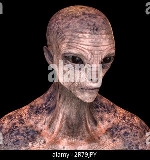 Porträt eines humanoiden Aliens, das von der Kamera absieht, mit einer fotorealistischen, detailreichen Hautstruktur, 3D-Darstellung Stockfoto