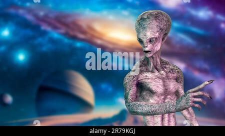 Ein humanoider Außerirdischer, der von der Kamera absieht, mit einer fotorealistischen, detailreichen Hautstruktur auf Weltraumhintergrund, 3D-Darstellung Stockfoto