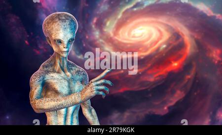 Ein humanoider Außerirdischer, der von der Kamera absieht, mit einer fotorealistischen, detailreichen Hautstruktur auf Weltraumhintergrund, 3D-Darstellung Stockfoto