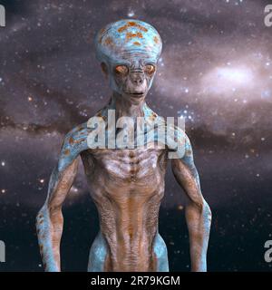 Ein humanoider Außerirdischer, der von der Kamera absieht, mit einer fotorealistischen, detailreichen Hautstruktur auf Weltraumhintergrund, 3D-Darstellung Stockfoto