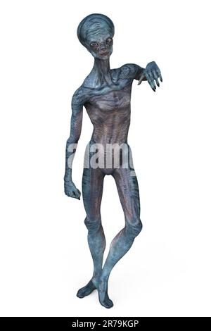 Ein humanoider Alien, der auf die Kamera schaut, mit einer fotorealistischen, detailreichen Hautstruktur, 3D-Darstellung Stockfoto