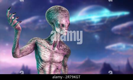 Ein humanoider Außerirdischer, der von der Kamera absieht, mit einer fotorealistischen, detailreichen Hautstruktur auf Weltraumhintergrund, 3D-Darstellung Stockfoto