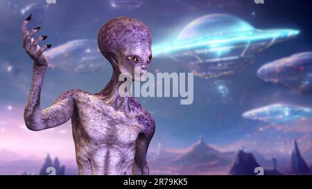 Ein humanoider Außerirdischer, der von der Kamera absieht, mit einer fotorealistischen, detailreichen Hautstruktur auf Weltraumhintergrund, 3D-Darstellung Stockfoto