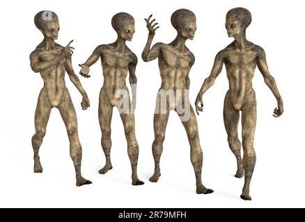 Eine Gruppe humanoider Aliens, die sich untereinander unterhalten, mit einer photorealistischen, detailreichen Hautstruktur, 3D-Darstellung Stockfoto