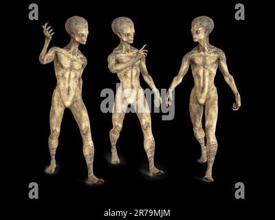 Drei humanoide Aliens, die sich untereinander unterhalten, mit photorealistischer, detaillierter Hautstruktur, 3D-Darstellung Stockfoto