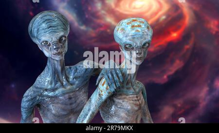 Zwei humanoide Aliens, die auf die Kamera schauen, mit einer fotorealistischen, detailreichen Hautstruktur auf dem Weltraumhintergrund, 3D-Darstellung Stockfoto