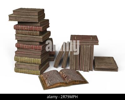 Antike Bücher isoliert auf weißem Hintergrund, Abbildung 3D. Antiquitätenbibliothek. Stockfoto