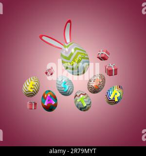 eine 3D-Darstellung einer farbenfrohen Osterausstellung mit mehreren dekorierten Eiern und Geschenkboxen vor pinkfarbenem Hintergrund Stockfoto