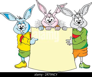 Bild von drei Osterbunnys mit einem leeren Schild. Stock Vektor