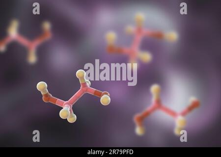 Ethylenglykol-Moleküle, Abbildung 3D. Eine organische Verbindung, die bei der Herstellung von Polyesterfasern und für Frostschutzmittel im coo verwendet wird Stockfoto