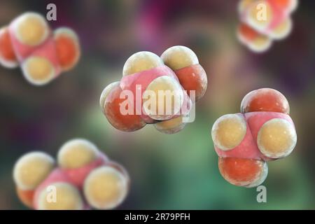 Ethylenglykol-Moleküle, Abbildung 3D. Eine organische Verbindung, die bei der Herstellung von Polyesterfasern und für Frostschutzmittel im coo verwendet wird Stockfoto