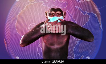 Affen-Pocken-Bewusstsein. Affe in einer medizinischen Maske in verärgerter Position, schließt sein Gesicht auf einem Hintergrund mit Erdkugel-Karte, konzeptionelle 3D-Illustration. Stockfoto