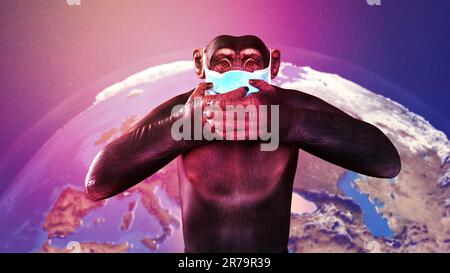 Affen-Pocken-Bewusstsein. Affe in einer medizinischen Maske in verärgerter Position, schließt sein Gesicht auf einem Hintergrund mit Erdkugel-Karte, konzeptionelle 3D-Illustration. Stockfoto