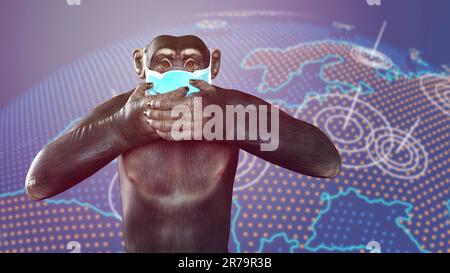 Affen-Pocken-Bewusstsein. Affe in einer medizinischen Maske in verärgerter Position, schließt sein Gesicht auf einem Hintergrund mit Erdkugel-Karte, konzeptionelle 3D-Illustration. Stockfoto