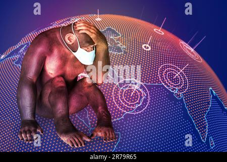 Affen-Pocken-Bewusstsein. Affe in einer medizinischen Maske sitzt in aufgewühlter Position auf einem Hintergrund mit Erdkugel-Karte, konzeptionelle 3D-Illustration. Stockfoto