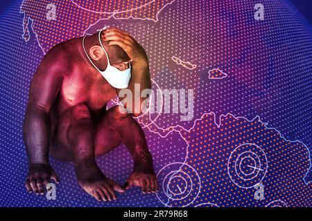 Affen-Pocken-Bewusstsein. Affe in einer medizinischen Maske sitzt in aufgewühlter Position auf einem Hintergrund mit Erdkugel-Karte, konzeptionelle 3D-Illustration. Stockfoto