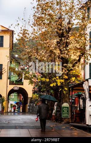 Farbenfrohe Turmhäuser in Monterossa al Mare, Cinque Terre, Italien. Stockfoto