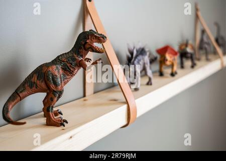 Eine Nahaufnahme von Dinosaurierspielzeugen, die auf einem Holzregal angeordnet sind Stockfoto