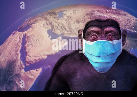 Aufgebrachter Affe in einer Maske auf einem Hintergrund mit Erdkarte, konzeptionelle 3D-Illustration. Affen-Pocken-Bewusstsein. Stockfoto