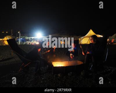 Campingkinder. Kinder, die am Lagerfeuer sitzen und nachts auf dem Campingplatz Marshmallow rösten. Stockfoto