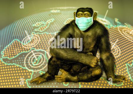 Affen-Pocken-Bewusstsein. Affe in einer medizinischen Maske, die auf der Erdkarte sitzt, konzeptionelle 3D-Illustration. Stockfoto