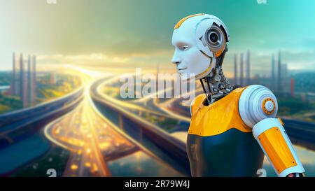 Humanoider Roboter auf futuristischem Stadthintergrund, 3D-Darstellung Stockfoto