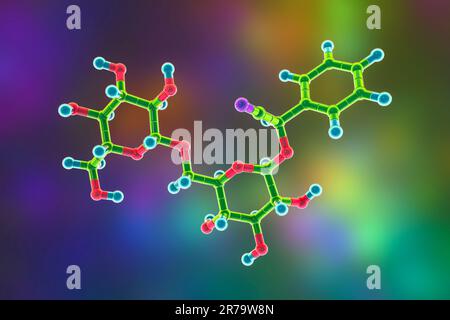 Molekularmodell von Amygdalin, auch bekannt als Laetril oder Vitamin B17, 3D-Darstellung. Eine natürlich vorkommende Verbindung, die in den Gruben vieler Früchte vorkommt, Stockfoto