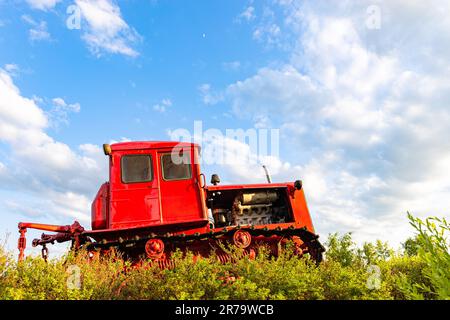 Der rote Traktor des alten Modells steht auf dem Feld. Roter alter Traktor. Traktor auf dem Feld. Traktor fährt im Gelände. Hochwertiges Foto Stockfoto