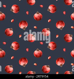 Dunkelblaue, einfache Granatäpfel, wasserfarbenes, nahtloses Muster mit leuchtend roten, saftigen Früchten. Botanische realistische Illustration Stockfoto