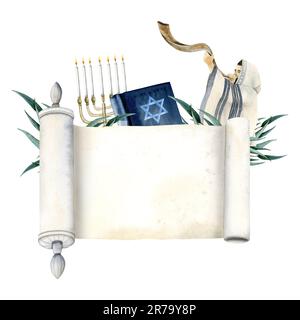 Leere Torah-Schriftrolle mit Yom Kippur-Symbolen Banner Vorlage Aquarell Illustration für das jüdische Neujahr und den Tag der Wiedergutmachung Stockfoto