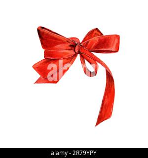 Satinschleife in Rot. Handgezeichnete Aquarelle Darstellung eines wunderschönen Bands auf einem weißen, isolierten Hintergrund. Geschenkband für ein Symbol oder Logo Stockfoto