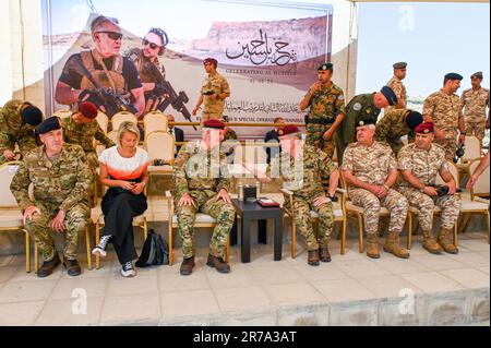 Amman, Jordanien. 14. Juni 2023. Verteidigungsminister Ludivine Dedonder, König Philippe - Filip von Belgien und König Abdullah II. Von Jordanien, abgebildet bei einem Besuch des King Abdullah II Special Operations Training Center (KASOTC) in Amman, Jordanien, am Mittwoch, den 14. Juni 2023. Der König nimmt an mehreren dynamischen Demonstrationen belgischer und jordanischer Spezialeinheiten Teil. BELGA PHOTO POOL FREDERIC ANDRIEU Kredit: Belga News Agency/Alamy Live News Stockfoto