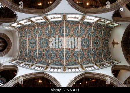 Gemusterte Decke aus St. Mary the Virgin, Chelmsford Cathedral, Essex, Großbritannien. Stockfoto